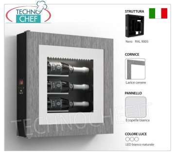 COFFRET À VIN RÉFRIGÉRÉ, 3 BOUTEILLES, Temp.+8°/+14° Panneau à vin RÉFRIGÉRÉ, 3 bouteilles, version avec : structure NOIRE, panneau ECO-CUIR BLANC, cadre STRATIFIÉ couleur MÉLÈZE CENDRÉ, lumière LED blanc naturel, Temp.+8°/+14°, V.230/1, Kw.0, 06, Poids 22 Kg, dim.mm.600x600x155h