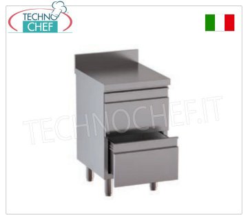 Commode en acier inoxydable AISI 304 avec 2 tiroirs sur coulisses avec dosseret, ligne 600/700