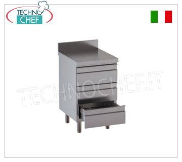 Commode en acier inoxydable AISI 304 avec 3 tiroirs sur coulisses et plan de travail avec dosseret, Ligne 600/700