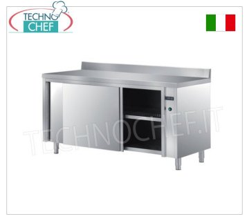 TECHNOCHEF - Table chauffante en acier inoxydable AISI 304 avec dosseret, Portes coulissantes, Profondeur cm. 70