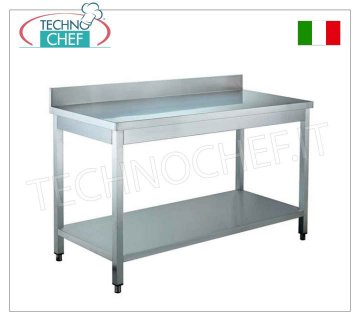 Tables en inox, sur pieds avec tablette inférieure et dosseret, Profondeur 70 cm, Hauteur 85 cm