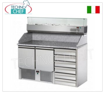 Comptoir à pizza réfrigéré, 2 portes, 6 tiroirs, vitrine à ingrédients, dim.mm.1410x700x1525h