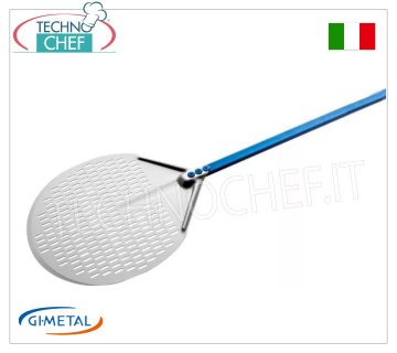 Gi.Metal - Pelle à pizza ronde en aluminium perforé, Blue Line, longueur du manche 150 cm