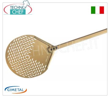 Pelle à pizza ronde en aluminium perforé, Gold Line, longueur du manche 150 cm