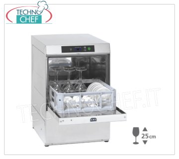 Lave-verres de bar, panier carré cm 35x35, avec double doseur de détergent, pompe de vidange, hauteur utile max de lavage 25 cm