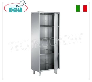 Armoire à vaisselle en acier inoxydable 304 avec porte battante et 3 étagères intermédiaires, Profondeur 70 cm, Hauteur 200 cm