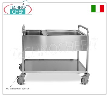 Chariot en acier inoxydable pour la collecte sélective des déchets, 1 bac GN 2/1 + 2 bacs GN 1/2, 1 étagère de service