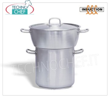 Technochef - Pot à couscous, acier inoxydable, professionnel pour induction Cous-Cous en acier inoxydable, couscousser arrondi avec couvercle, en acier inoxydable, capacité 20/24 litres, également adapté aux plaques à induction, diam.cm.40 / 32 x 20 / 32h