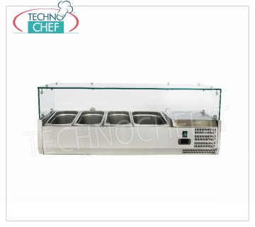 Vitrine ingrédients pour pizza, réfrigérée, longueur 120 cm, pour 3 bacs GN 1/3 + 1 bac GN 1/2, VITRINE RÉFRIGÉRÉE horizontale pour INGRÉDIENTS À PIZZA, version avec verre droit, temp. +2°/+8 °C, ligne avec PROFONDEUR 395 mm. pour 3 bacs GN 1/3 + 1 bac GN 1/2, V 230/1, Kw 0,145, Poids Kg. 53, dim. mm. 1200x395x435h.