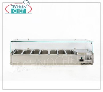 Vitrine réfrigérée à pizza, 150 cm de long, pour 7 casseroles GN 1/4 VITRINE RÉFRIGÉRÉE horizontale ACIER INOXYDABLE pour PIZZA INGRÉDIENTS, version avec verre droit, temp. + 2 ° / + 8 ° C, ligne d'une PROFONDEUR 335 mm. pour 7 bacs GN 1/4, V 230/1, Kw 0,145, Poids Kg.64, dim. mm. 1500x335x435h.