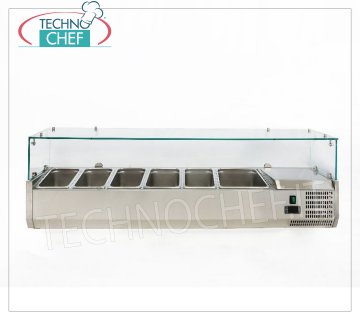 Vitrine à pizza, réfrigérée, longueur 150 cm, pour 5 bacs GN 1/3 + 1 bac GN 1/2 VITRINE RÉFRIGÉRÉE horizontale pour INGRÉDIENTS DE PIZZA, version avec verre droit, temp. + 2 ° / + 8 ° C, ligne avec PROFONDEUR 395 mm. pour 5 bacs GN 1/3 + 1 bac GN 1/2, V 230/1, Kw 0,145, poids Kg.69, dim.mm.1500x395x435h.