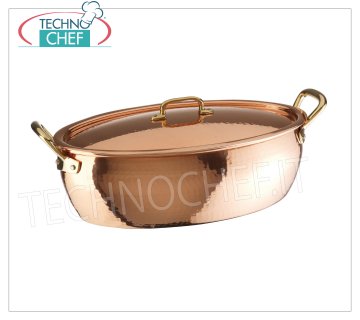 Casserole ovale en CUIVRE, étamée intérieurement avec couvercle, dim. mm. 380x250x130h.