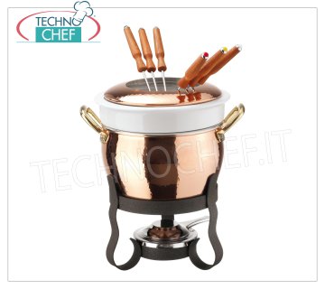 Service à fondue en cuivre étamé, 11 pièces, diamètre 160 mm, hauteur 260 mm.