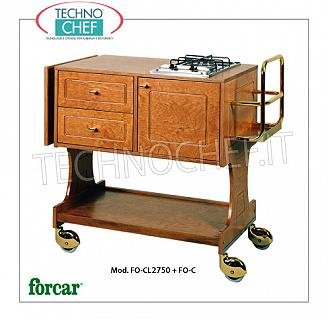 Forcar - CHARIOT FLAMBE' avec 2 BRÛLEURS sur 1 PLAN SIMPLE, couleur wengé, Mod.CL2750W Chariot flambé en bois multicouche teinté NOYER, avec 2 BRÛLEURS, porte-bouteilles, abattant latéral, compartiment en dessous avec porte battante, 2 tiroirs et étagère inférieure, dim.mm.1070x580x910h