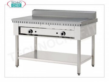 Cuisinière GAZ avec PLAQUE CHROME SATINÉ, Version sur Pieds avec Étagère Inférieure Cuisinière piadina à gaz avec plaque chrome satiné 600x600 pour 4 piadinas, version sur pieds avec étagère inférieure, puissance thermique 6,7 kw, dim. extérieur mm 650x730x960h