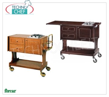 Forcar - FLAMBE TROLLEY avec 2 BRÛLEURS sur 1 SIMPLE PLANCHER, couleur wengé, Mod.CL2750W Chariot à flambè teinté WENGE, avec 2 BRÛLEURS, Porte-bouteilles, rabat latéral, compartiment inférieur avec porte à charnière, 2 tiroirs et tablette inférieure, dim.mm.1070x580x910h