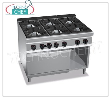 TECHNOCHEF - CUISINIÈRE À GAZ 6 FEUX sur FOUR À GAZ GN 2/1, mod. G9F6+FG CUISINIÈRE GAZ 6 FEUX sur FOUR GAZ GN 2/1, Ligne MAXIMA 900, Série HIGH POWER, puissance thermique totale. Kw.61,3, Poids 202 Kg, dim.mm.1200x900x900h