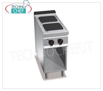 TECHNOCHEF - CUISINIÈRE ÉLECTRIQUE 2 PLAQUES sur ARMOIRE OUVERTE, mod. E9PQ2M GAMME ÉLECTRIQUE À 2 PLAQUES sur ARMOIRE OUVERTE, Ligne BERTOS MAXIMA 900, Série HAUTE PUISSANCE, avec 2 plaques CARRÉES de 300x300 mm, COMMANDES INDÉPENDANTES, 6 niveaux de puissance, V.400/3+N, Kw 7,00, Poids 56 Kg , dim .mm.400x900x900h