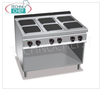 TECHNOCHEF - CUISINIÈRE ÉLECTRIQUE 6 PLAQUES sur ARMOIRE OUVERTE, mod. E9PQ6M GAMME ÉLECTRIQUE À 6 PLAQUES sur ARMOIRE OUVERTE, Ligne BERTOS MAXIMA 900, Série HAUTE PUISSANCE, avec 6 plaques CARRÉES de 300x300 mm, COMMANDES INDÉPENDANTES, 6 niveaux de puissance, V.400/3+N, Kw 21,00, Poids 136 Kg , dim.mm .1200x900x900h