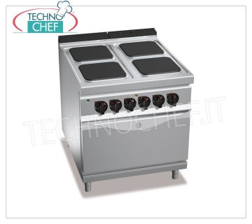 TECHNOCHEF - CUISINIÈRE ÉLECTRIQUE 4 PLAQUES sur FOUR ÉLECTRIQUE GN 2/1, mod. E9PQ4+FE CUISINIÈRE ÉLECTRIQUE 4 PLAQUES sur FOUR ÉLECTRIQUE GN 2/1, ligne BERTOS MAXIMA 900, série HIGH POWER, avec 4 plaques CARRÉES de 300x300 mm, COMMANDES INDÉPENDANTES, 6 niveaux de puissance, V.400/3+N, Tot. Kw 21, 5 , poids 138 kg, dim.mm.800x900x900h