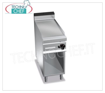 PLAQUE A GAZ avec PLAQUE LISSE en MULTIPAN, sur CABINET, mod. G9FL4M FRY TOP GAZ avec PLAQUE LISSE, Ligne BERTOS MAXIMA 900, Série MULTIPAN, 1 module sur COMPARTIMENT OUVERT avec ZONE DE CUISSON mm 396x667, puissance thermique Kw.10,00, Poids 66 Kg, dim.mm.400x900x900h