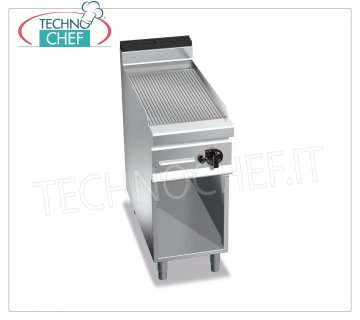PLAQUE A GAZ avec PLAQUE RAINURÉE en MULTIPAN, sur COMPARTIMENT, mod. G9FR4M FRY-TOP GAZ avec PLAQUE NERVURÉE, Ligne BERTOS MAXIMA 900, Série MULTIPAN, 1 module sur COMPARTIMENT OUVERT avec ZONE DE CUISSON mm 396x667, puissance thermique Kw.10,00, Poids 66 Kg, dim.mm.400x900x900h