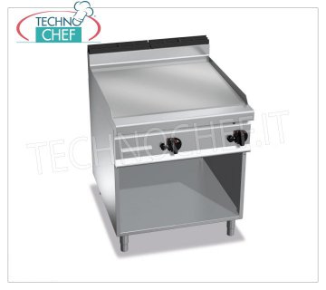 GRILLADE À GAZ avec PLAQUE LISSE en MULTIPAN, sur CABINET, mod. G9FL8M-2 PLAQUE À GAZ AVEC PLAQUE LISSE, Ligne BERTOS MAXIMA 900, Série MULTIPAN, MODULE DOUBLE SUR COMPARTIMENT OUVERT avec ZONE DE CUISSON mm 796x667, COMMANDES INDÉPENDANTES, puissance thermique Kw.20,00, Poids 111 Kg, dim.mm.800x900x900h