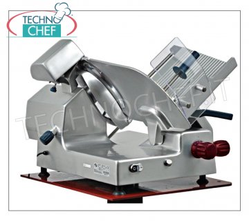 TECHNOCHEF - Trancheuse inclinée par gravité, transmission par engrenages, lame Ø 350 mm, Professionnelle Trancheuses à gravité en alliage d'aluminium avec transmission par engrenages, diamètre de la lame 350 mm, poids 41 Kg, dim.mm 825x695x690h