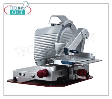 TECHNOCHEF - Trancheuse verticale pour charcuterie, transmission par engrenages, lame Ø 350 mm, Professionnelle Trancheuses verticales avec plaque de charcuterie en alliage d'aluminium avec transmission par engrenages, diamètre de la lame 350 mm, poids 46 Kg, dim. mm 805x710x700h - disponible en version monophasée ou triphasée