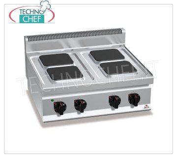 TECHNOCHEF - CUISINIÈRE ÉLECTRIQUE 4 PLAQUES SUPÉRIEURES, Kw.10.4, Mod.E7PQ4B CUISINIÈRE ÉLECTRIQUE À 4 PLAQUES SUPÉRIEURES, BERTOS, ligne MACROS 700, série HIGH POWER, avec 4 plaques CARRÉES de 220x220 mm, COMMANDES INDÉPENDANTES, 6 niveaux de puissance, V.400/3+N, Kw.10,4, Poids 49 Kg, dim. mm.800x700x290h