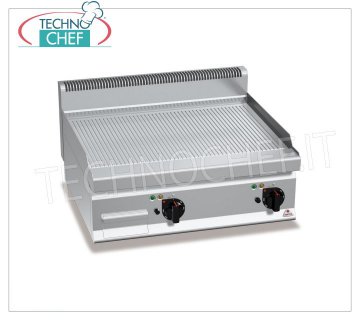 GRILLADE À GAZ TOP avec PLAQUE RAINURÉE en MULTIPAN, module TOP, mod.G7FR8B-2 FRY TOP GAZ avec PLAQUE NERVURÉE, Ligne BERTOS, MACROS 700, Série MULTIPAN, Module DOUBLE TOP avec ZONE DE CUISSON 795x500 mm, COMMANDES INDÉPENDANTES, puissance thermique Kw.13,8, Poids 70 Kg, dim.mm.800x700x290h