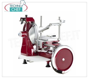 TECHNOCHEF - TRANCHEUSE MANUELLE A VOLANT, lame Ø 250 mm, Professionnel Trancheuse manuelle à VOLANT vertical pour Salumi, diamètre de la lame 250 mm, Couleurs standard: ROUGE, NOIR, CRÈME ou Personnalisable sur demande, dim.mm.520x680x510h.