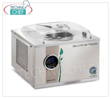 Congélateur professionnel en acier inoxydable, superautomatique, série Touch i-Green, capacité 5,6 l, modèle GELATO4KTOUCH Congélateur professionnel de comptoir pour glaces et sorbets, refroidissement par air, corps et lame en acier inoxydable, PRODUCTION 5,60 litres/h, durée du cycle 12-15 min, V.230/1, kw 0,32, Poids 26,2 Kg, dimensions mm 415x430x310h