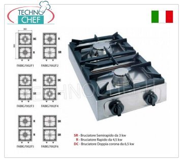 Cuisinière à gaz de table professionnelle, 2 feux CUISINIÈRE À GAZ DE TABLE avec 2 BRÛLEURS PROFESSIONNELS EN ACIER INOXYDABLE, fonctionnant au gaz universel, dimensions 350x660x170h mm, réalisée en 6 VERSIONS avec PUISSANCE THERMIQUE de 6 à 13 kw, GAMME COMPLÈTE