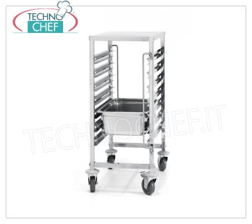 TECHNOCHEF - Chariot pour 7 plateaux GN 1/1 avec plateau supérieur en acier inoxydable, Mod.810668 PLATEAU EN ACIER INOXYDABLE avec ÉTAGÈRE DE TRAVAIL, avec 7 paires de guides, espacement 80 mm, pour 7 plateaux Gastro-Norm GN 1/1 (mm 530x325), dim.mm.380x550x925h