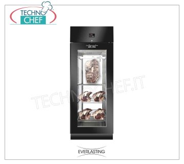 CABINET DE MAINTIEN DES VIANDES, Noir 1 Porte VITREE, Charge Max 150 Kg, mod. STG MEAT700 NOIR PANORAMA Everlasting - CABINET de Vieillissement-Maturation des Viandes en ACIER PLASTIQUE NOIR, 1 PORTE VITRÉE, Version Panoramique avec Vitre à l'Arrière, Gaz R 452a, Température +0°/+10° C, Capacité Kg. 150, Dim. mm 750x850x2080h