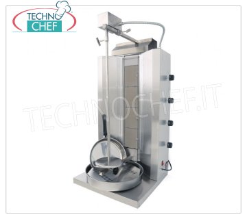 Technochef - GYROS PROFESSIONAL GAS avec 4 BRÛLEURS, barre de cuisson de 845 mm de hauteur Gyroscopes à gaz en acier inoxydable avec 4 brûleurs verticaux indépendants, tige de cuisson de 845 mm de hauteur, capacité de charge 35 kg, puissance thermique Kw. 10,8, poids 30 kg, dim. Mm.590x530x1070h