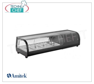 Vitrine réfrigérée pour Sushi, capacité 4 bacs GN 1/3 VITRINE RÉFRIGÉRÉE pour SUSHI, capacité 4 plateaux GN 1/3, Classe B, température de fonctionnement 0°/+12°C, V.230/1, Kw.0,19, dim.mm. 1177x425x295h