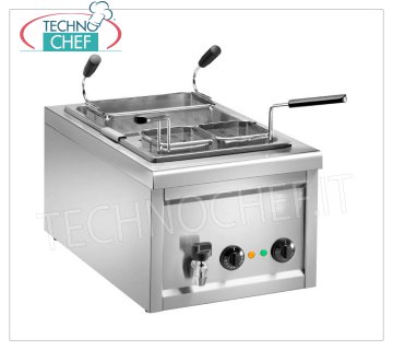 CUISEUR À PÂTES ÉLECTRIQUE DE COMPTOIR en ACIER INOXYDABLE Cuiseur à pâtes électrique à poser en acier inoxydable, complet avec 1 panier de 275x150x200h mm + 2 paniers de 125x125x200h mm, thermostat de 0° à 110°C, V.230/1, Kw.3,2, Poids 15 Kg, dim.mm .400x700x340h