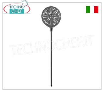 Pelle à Pizza Ronde Perforée pour Cuisson en Aluminium Anodisé Dur Ø 33 cm, Ligne Tulipe Pelle à pizza Tulipe RONDE PERFORÉE en aluminium anodisé dur, diamètre 33 cm, longueur du manche 120 cm.