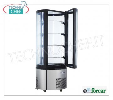 Technochef - Vitrine FRIGO sur roulettes avec vitre ronde, 1 Porte, Statique, Temp.+2°/+8°C, lt.400, Classe C, Mod.ARC400RC Vitrine réfrigérée sur roulettes avec 1 porte vitrée ronde, structure extérieure en acier inox AISI 430 statique, température +2°/+8°C, capacité 400 litres, Classe C, éclairage Led, V.230/1, Kw.0, 21, Poids 127 Kg, dim.mm.680x1750h