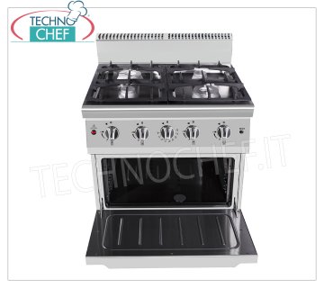 Technochef - CUISINIÈRE À GAZ 4 FEUX sur FOUR À GAZ, Kw.29,00 CUISINIÈRE À GAZ 4 FEUX sur FOUR À GAZ STATIQUE, Ligne 700, puissance calorifique totale. Kw.29,00, dim.mm.800x700x1085h