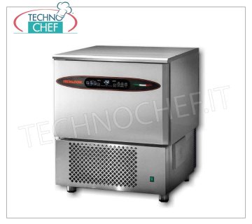Cellule de refroidissement rapide professionnelle, commandes tactiles numériques, 5 bacs GN 1/1, modèle ATT05_TH REFROIDISSEUR-CONGÉLATEUR avec GUIDES UNIVERSELS pour 5 PLATEAUX GN 1/1 ou mm. 600x400, marque TECNODOM, avec PIN PROBE, rendement CYCLE POSITIF +90°+3° Kg.23, CYCLE NÉGATIF +90°-18° Kg.12, V. 230/1, Kw.1,424, Poids Kg.92, dim .mm.750x740x850h