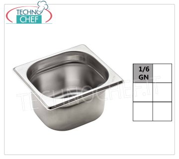 Casseroles Gastronorm GN 1/6 en inox Bassine gastro-norme 1/6, inox 18/10, capacité 1,6 litres, dim.mm.176 x 162 x 100 h