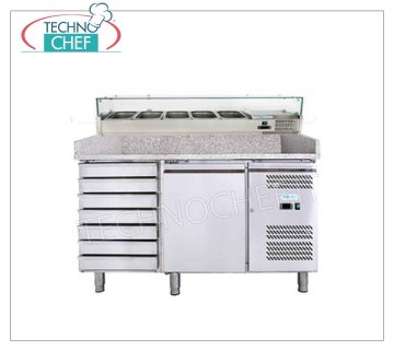 Comptoir à Pizza Réfrigéré 1 Porte, 7 Tiroirs, Présentoir Ingrédients 1/3 ou 1/4 gn, Classe C COMPTOIR PIZZA RÉFRIGÉRÉ VENTILÉ 1 PORTE, CLASSE C, GAZ R600a, marque FORCOLD, température de fonctionnement -2°/+8 °C, avec VITRINE RÉFRIGÉRÉE profondeur 330 ou 380 mm, 7 tiroirs, Kw.0,275, V.230/1 , dim .mm.1510x800x1435h, poids 346 kg bouchon. 390 litres