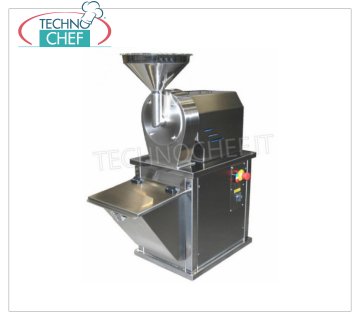 Sucre moulu Moulin à sucre en acier inoxydable Kg. 30 / ORA, complet avec collecteur de produit, moteur 1 vitesse, V 380/3, Kw 0,75, Poids 40 Kg., Dim. mm. 420x810x940 h