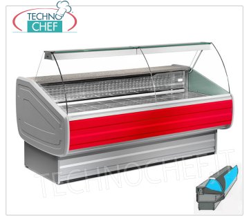 REFRIGERATEUR VITRINE COMPTOIR Ventilé, Temp.0°/+2° , DESSUS PROFOND 80 cm, VERRE COURBÉ Comptoir vitrine réfrigérée pour BOUCHER ou GASTRONOMIE, ventilée, temp.0°/+2°C, version avec VERRE COURBE ouvrable VERS LE BAS, surface de présentation profondeur 80 cm, avec réserve réfrigérée, V.230/1, Kw.0,373, Poids 170 Kg, dim.mm.1500x1060x1205h