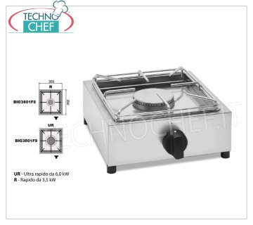 Technochef - Réchaud de table professionnel à gaz, 1 foyer CUISINIÈRE À GAZ DE TABLE avec 1 BRULEUR PROFESSIONNEL en ACIER INOXYDABLE fonctionnant au gaz universel, avec 1 BRULEUR RAPIDE de 3,5 kw, poids 5,9 kg, dimensions 350x350x170h mm