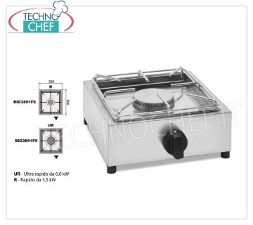 Technochef - Cuisinière à gaz de table professionnelle, 1 brûleur CUISINIÈRE À GAZ DE TABLE avec 1 BRÛLEUR PROFESSIONNEL EN INOX fonctionnant au gaz universel, avec 1 BRÛLEUR RAPIDE de 3,5 kw, poids 5,9 kg, dimensions 350x350x170h mm