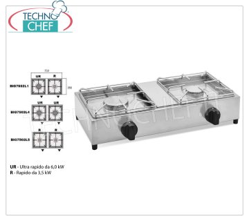 Technochef - Cuisinière à gaz de table professionnelle, 2 feux POÊLE DE TABLE À GAZ avec 2 BRÛLEURS PROFESSIONNELS EN INOX fonctionnant au gaz universel, avec 1 BRÛLEUR ULTRA RAPIDE de 6,00 kw et 1 BRÛLEUR RAPIDE de 3,5 kw, poids 12 kg, dimensions 750x350x170h mm